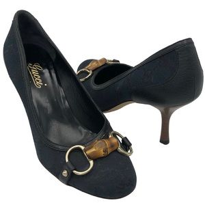 Gucci Black GG Canvas Bamboo Horsebit Pumps Heels Size 5